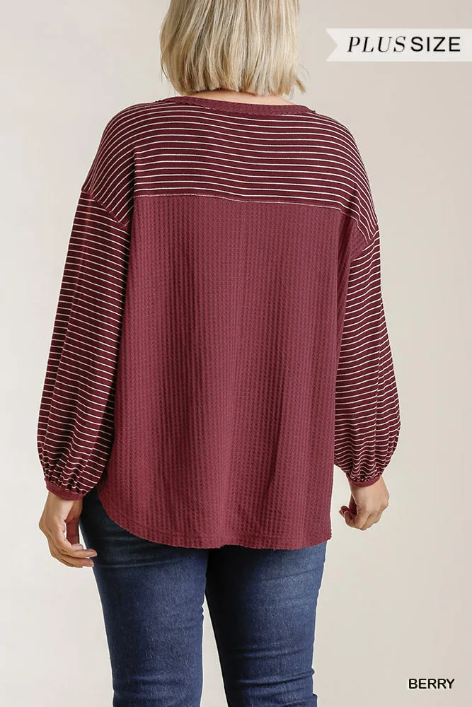 Umgee Berry Striped Ribbed Sleeve Top In A Waffle Knit With High Low Hem Plus