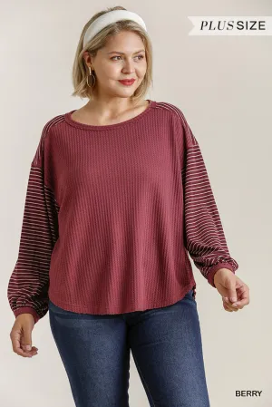 Umgee Berry Striped Ribbed Sleeve Top In A Waffle Knit With High Low Hem Plus