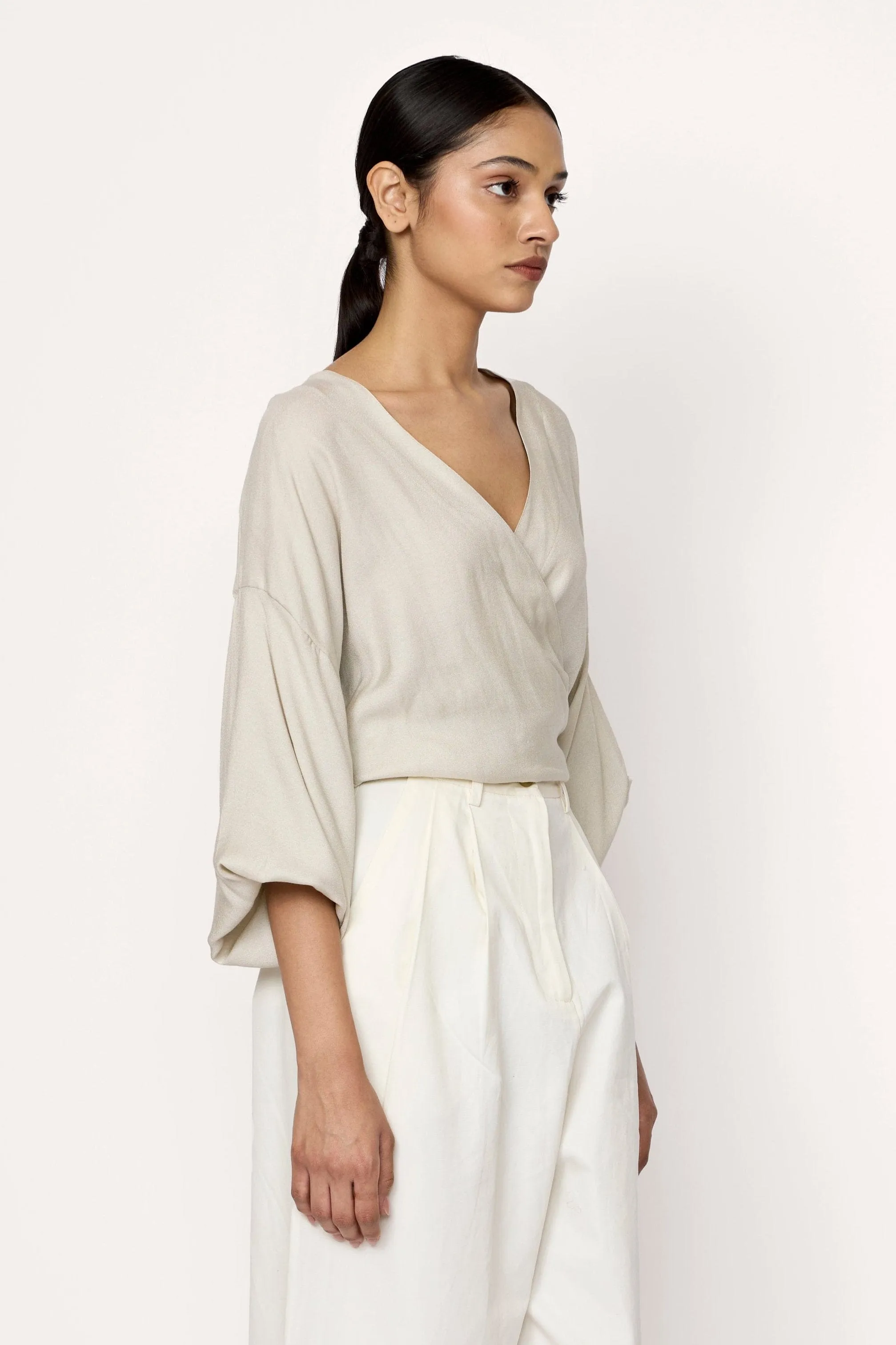 V-neck Wrap Blouse - Natural