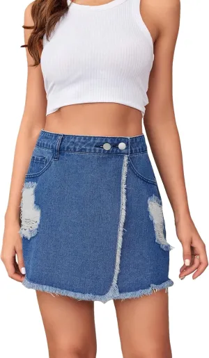 WDIRARA Women's High Waisted A-Line Button Wrap Denim Jean Skirt Mini Skirt