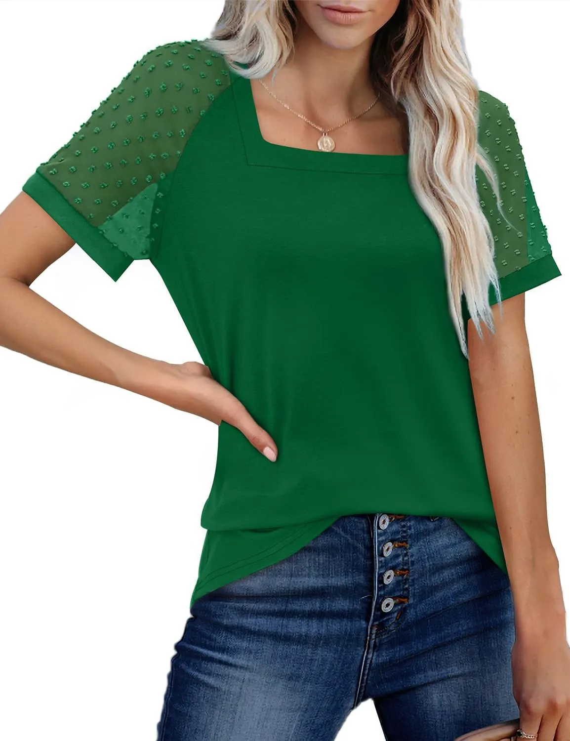 WEESO Summer Square Neck Tops for Women Swiss Dot Short Sleeve Casual Shirts 2024