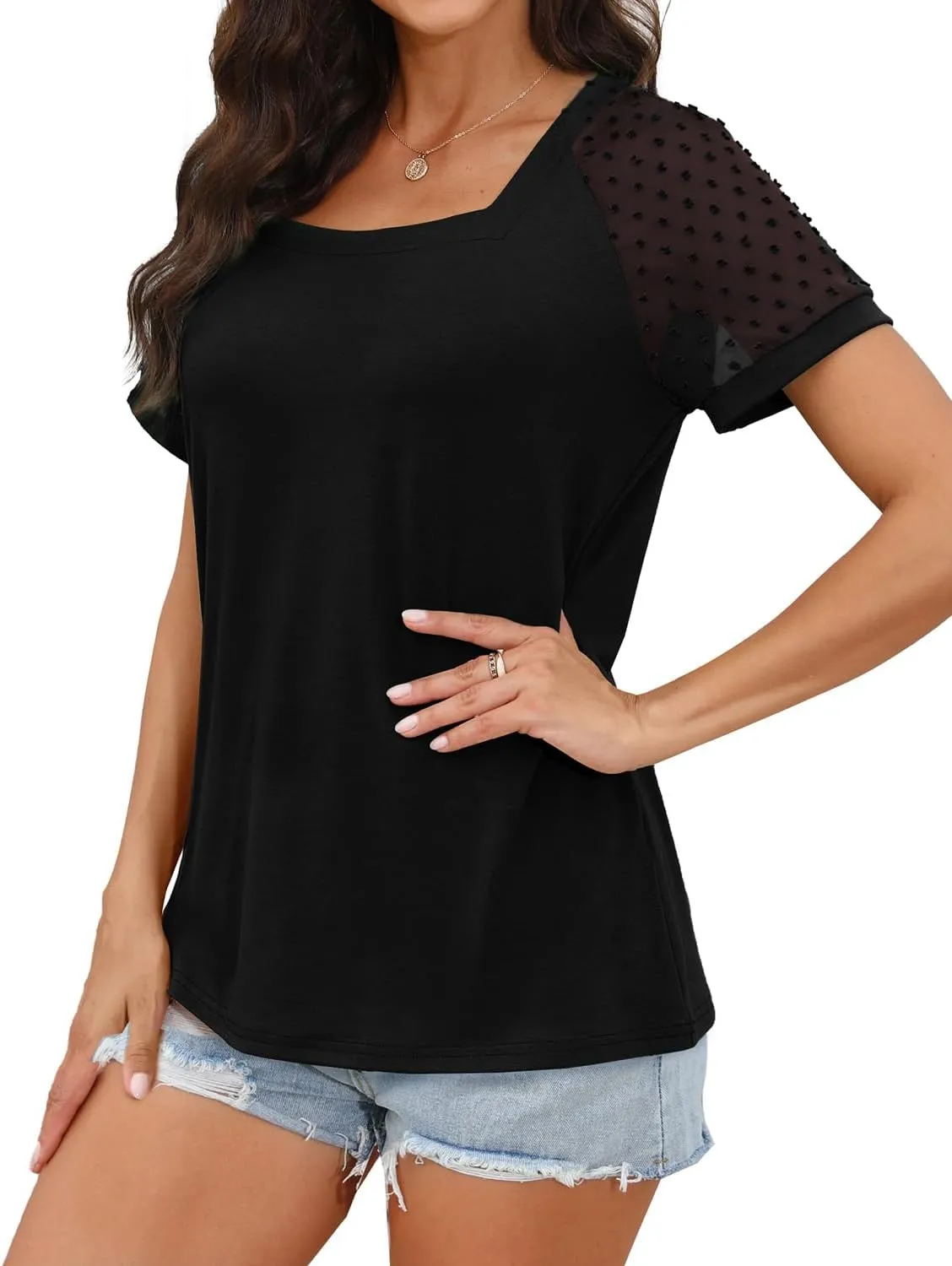 WEESO Summer Square Neck Tops for Women Swiss Dot Short Sleeve Casual Shirts 2024