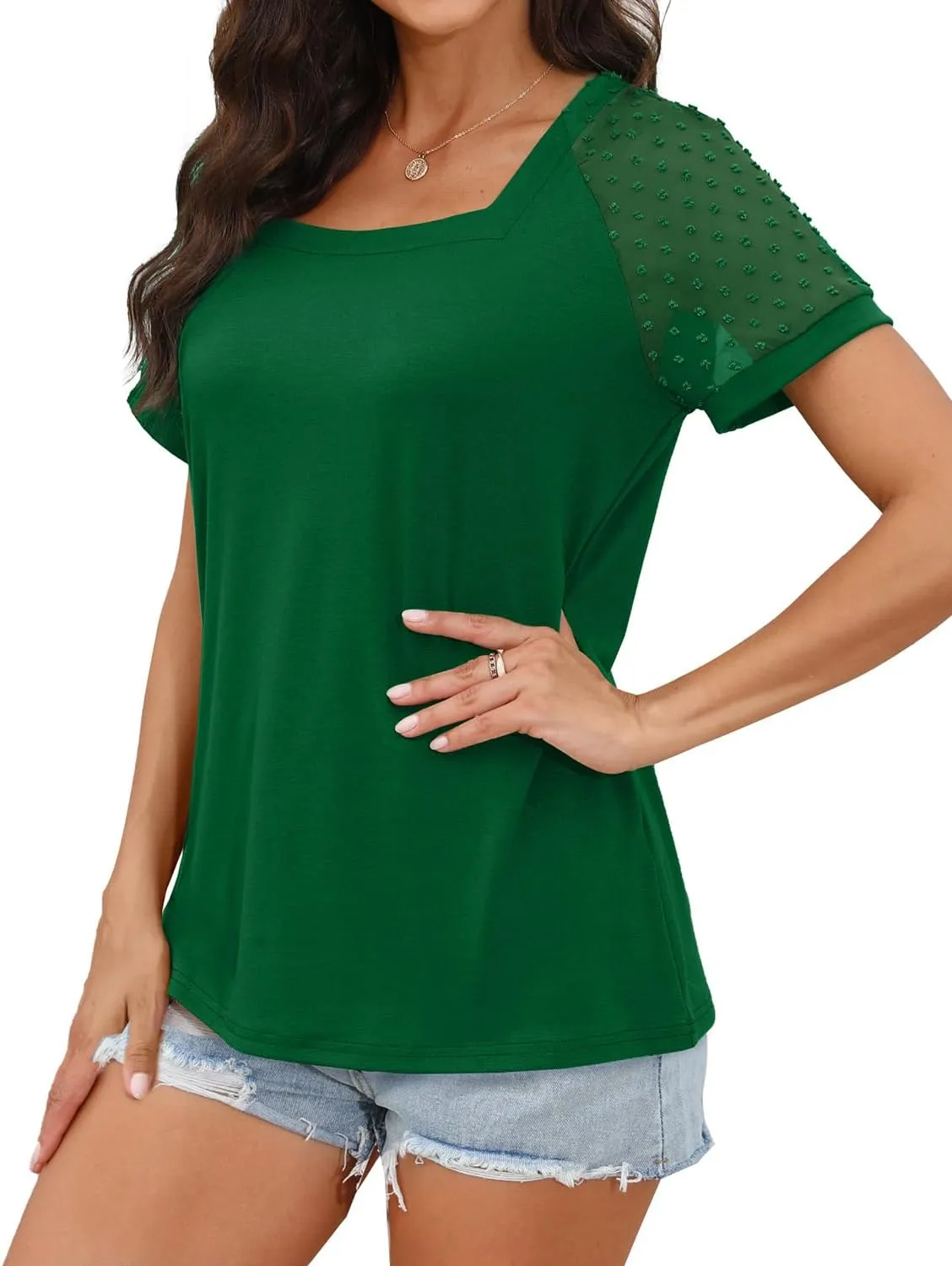 WEESO Summer Square Neck Tops for Women Swiss Dot Short Sleeve Casual Shirts 2024