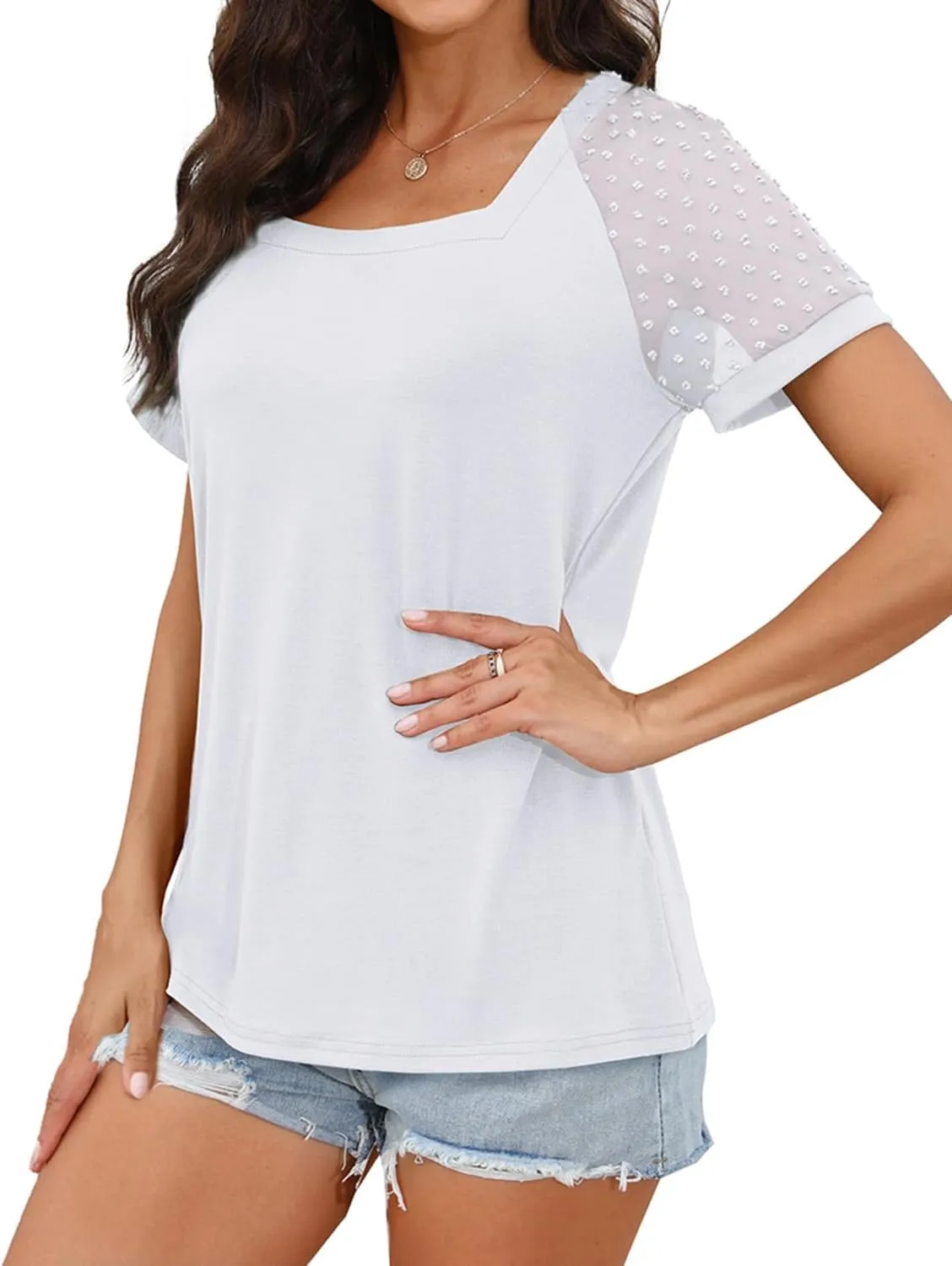WEESO Summer Square Neck Tops for Women Swiss Dot Short Sleeve Casual Shirts 2024