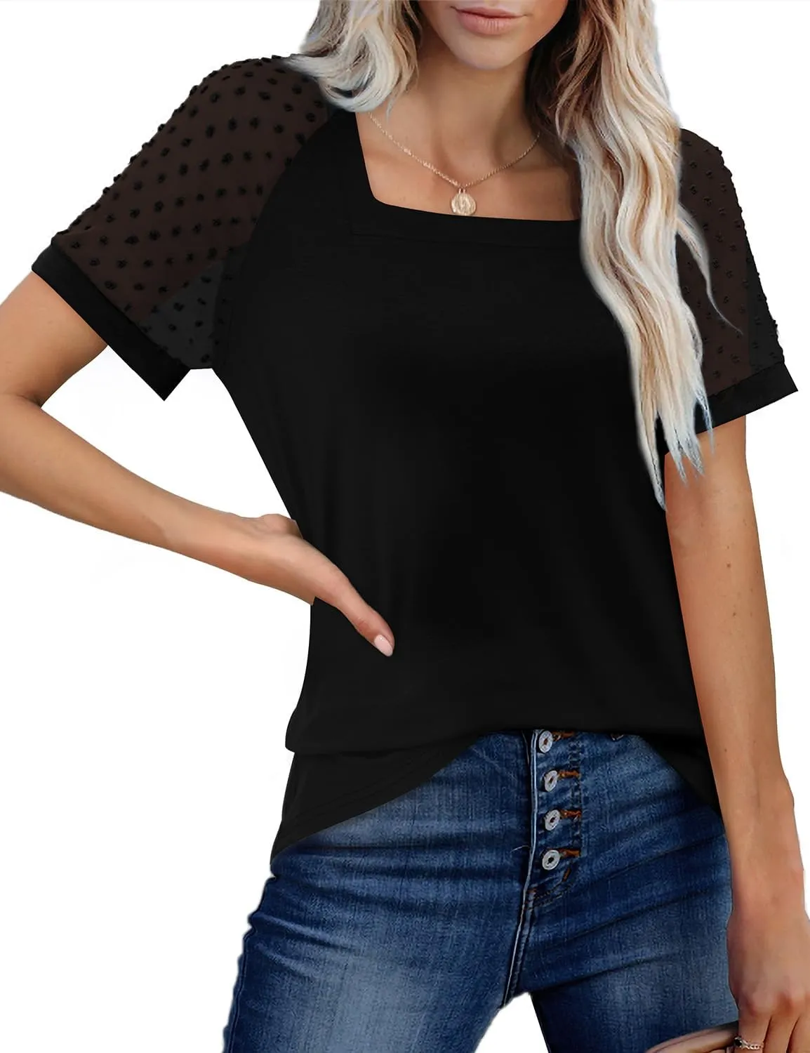 WEESO Summer Square Neck Tops for Women Swiss Dot Short Sleeve Casual Shirts 2024