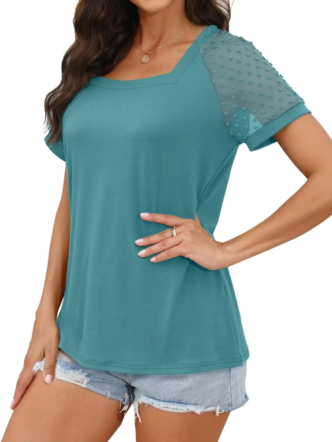WEESO Summer Square Neck Tops for Women Swiss Dot Short Sleeve Casual Shirts 2024
