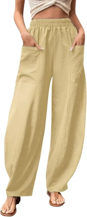 Wide Leg Pants Woman Casual Loose Fit Summer Flowy Solid Color High Waisted Linen Wide Leg Pants Work Lounge Pockets Trousers