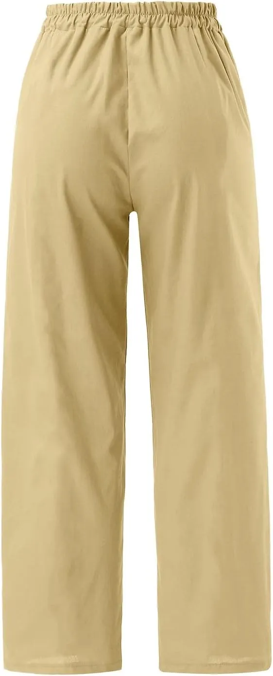 Wide Leg Pants Woman Casual Loose Fit Summer Flowy Solid Color High Waisted Linen Wide Leg Pants Work Lounge Pockets Trousers