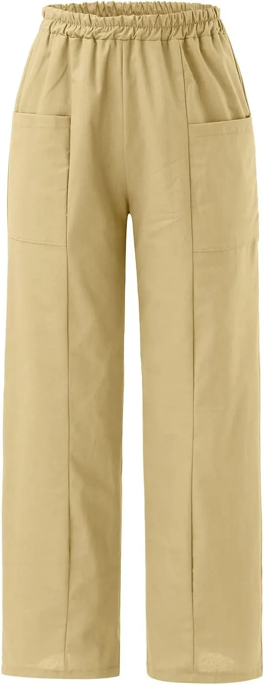 Wide Leg Pants Woman Casual Loose Fit Summer Flowy Solid Color High Waisted Linen Wide Leg Pants Work Lounge Pockets Trousers