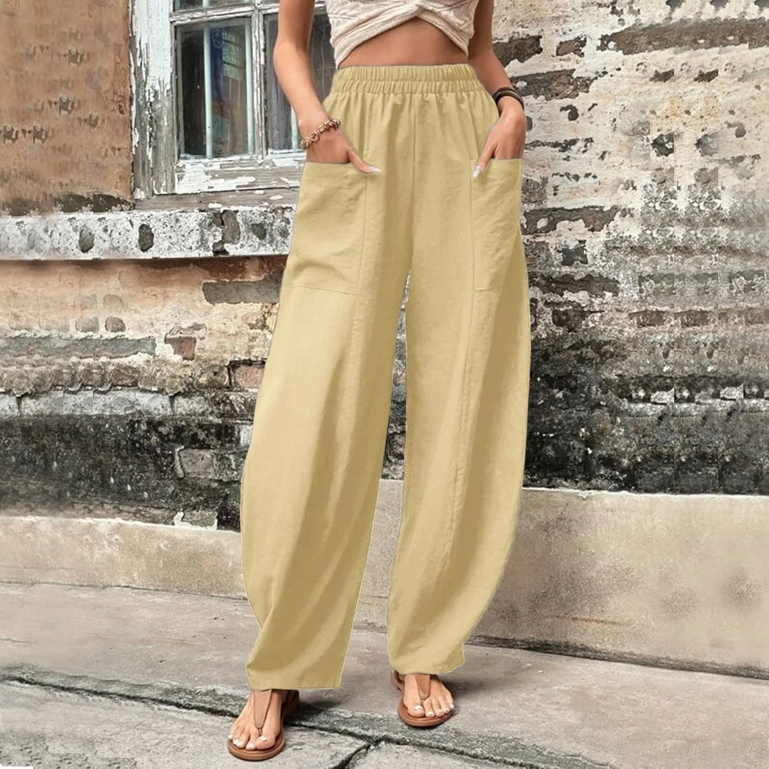 Wide Leg Pants Woman Casual Loose Fit Summer Flowy Solid Color High Waisted Linen Wide Leg Pants Work Lounge Pockets Trousers