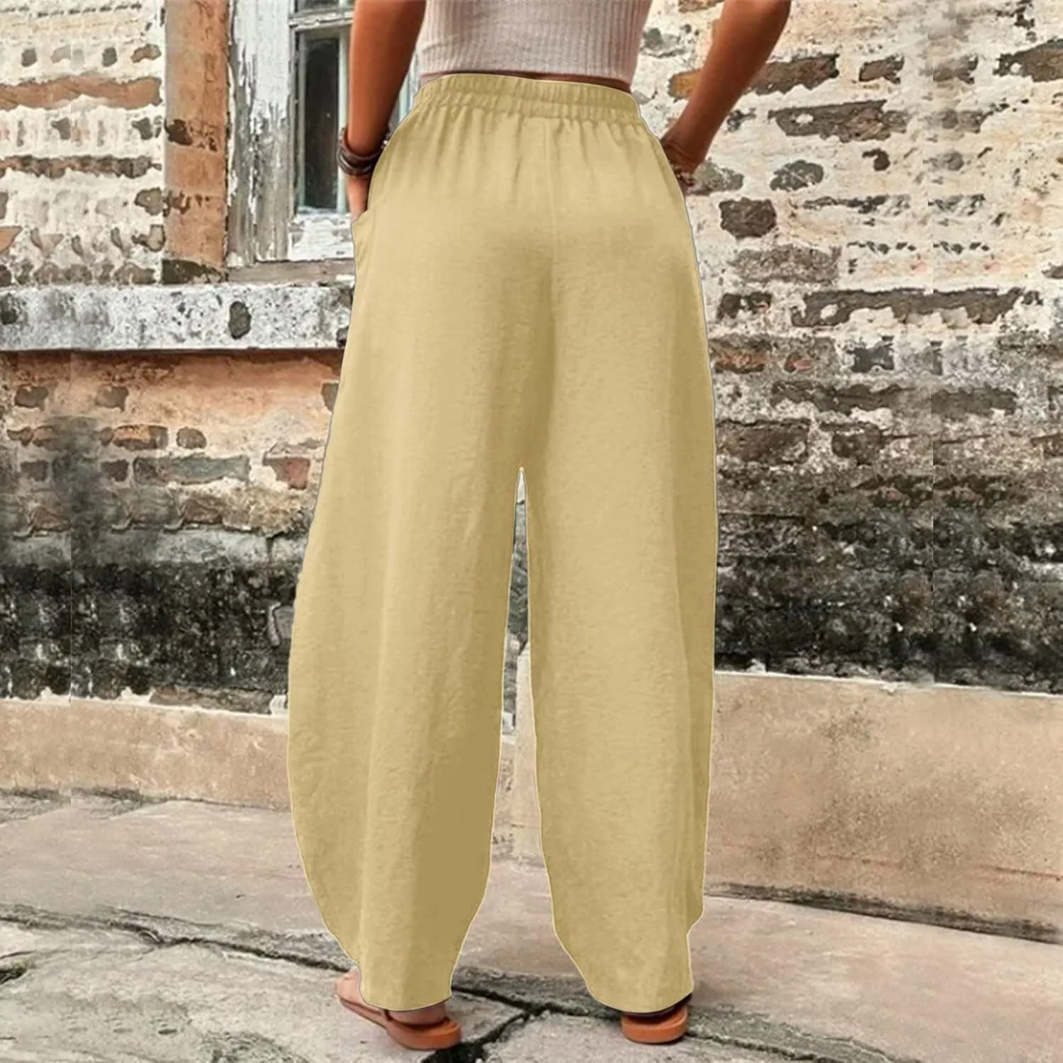 Wide Leg Pants Woman Casual Loose Fit Summer Flowy Solid Color High Waisted Linen Wide Leg Pants Work Lounge Pockets Trousers