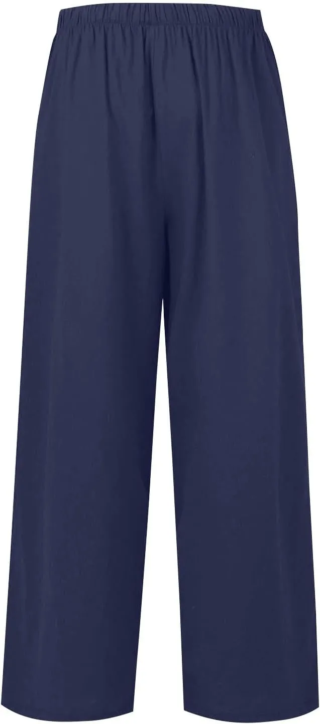Wide Leg Women Linen Pants Summer Drawstring Elastic High Waisted Palazzo Pants Loose Fit Flowy Beach Trouser w/Pockets