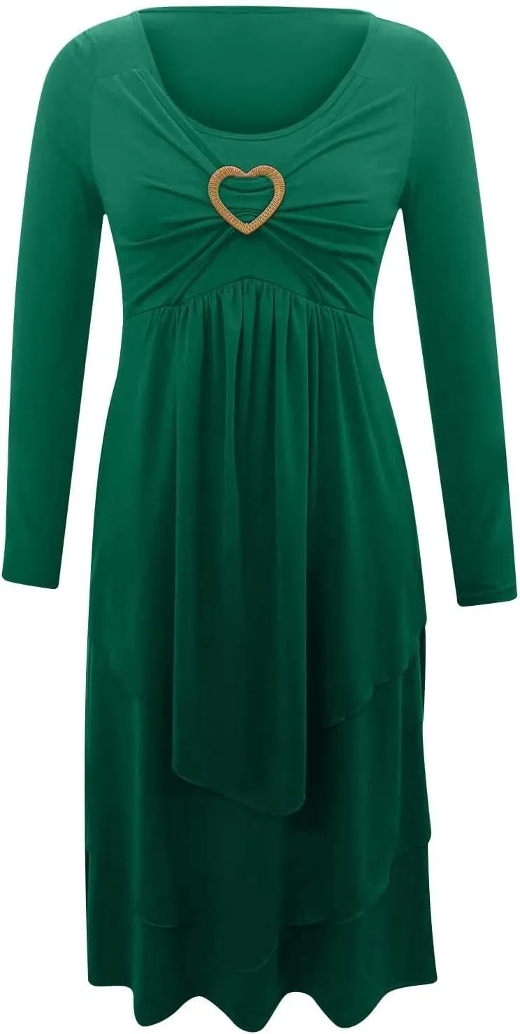 Winter Dresses for Women Wedding Guests Casual Cute Heart Long Sleeve Tiered Maxi Dress with Pockets Plus Size
