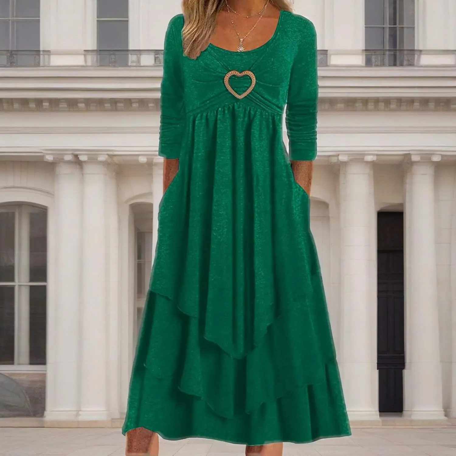 Winter Dresses for Women Wedding Guests Casual Cute Heart Long Sleeve Tiered Maxi Dress with Pockets Plus Size