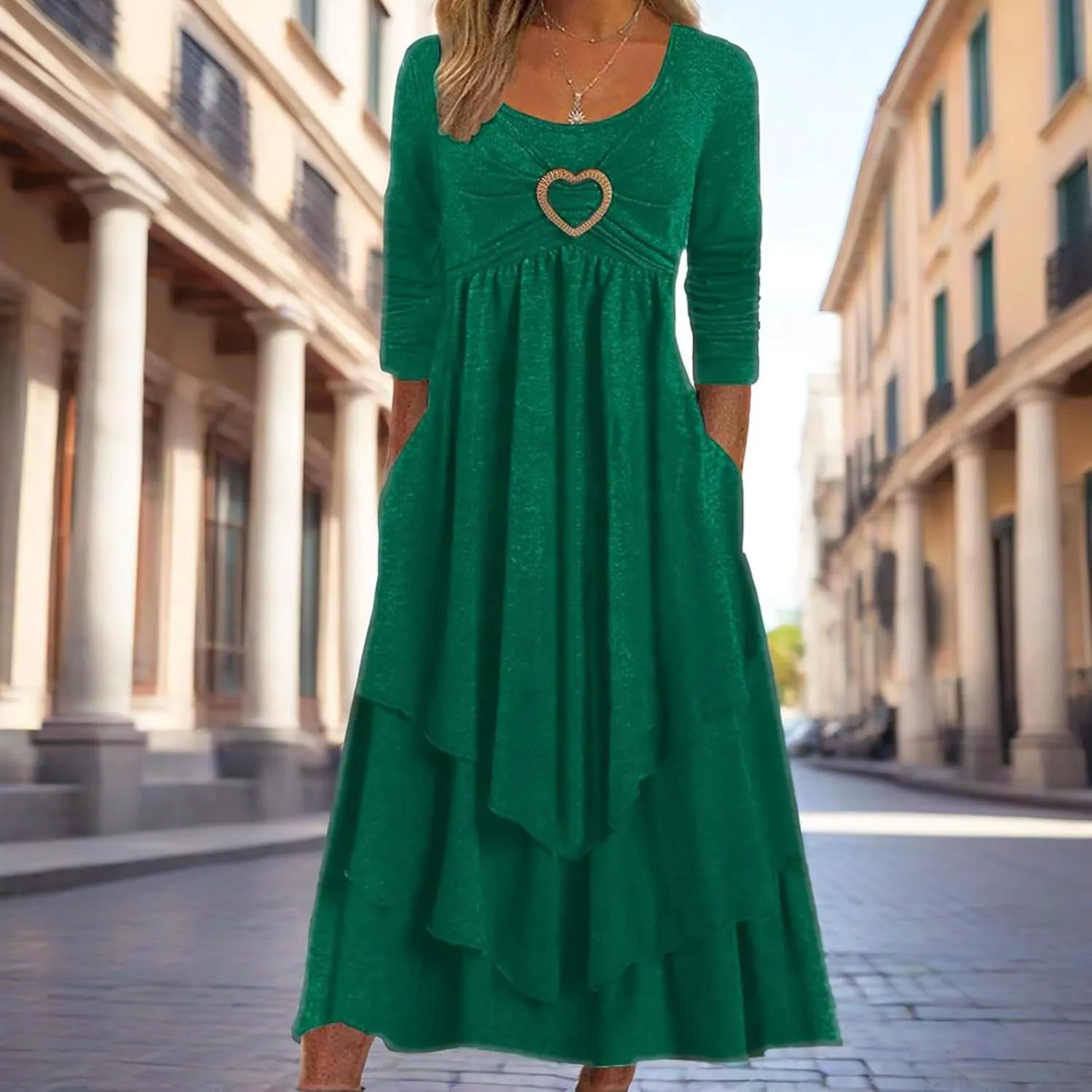 Winter Dresses for Women Wedding Guests Casual Cute Heart Long Sleeve Tiered Maxi Dress with Pockets Plus Size