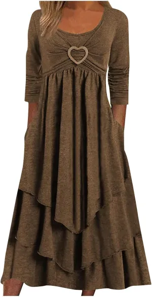 Winter Dresses for Women Wedding Guests Casual Cute Heart Long Sleeve Tiered Maxi Dress with Pockets Plus Size