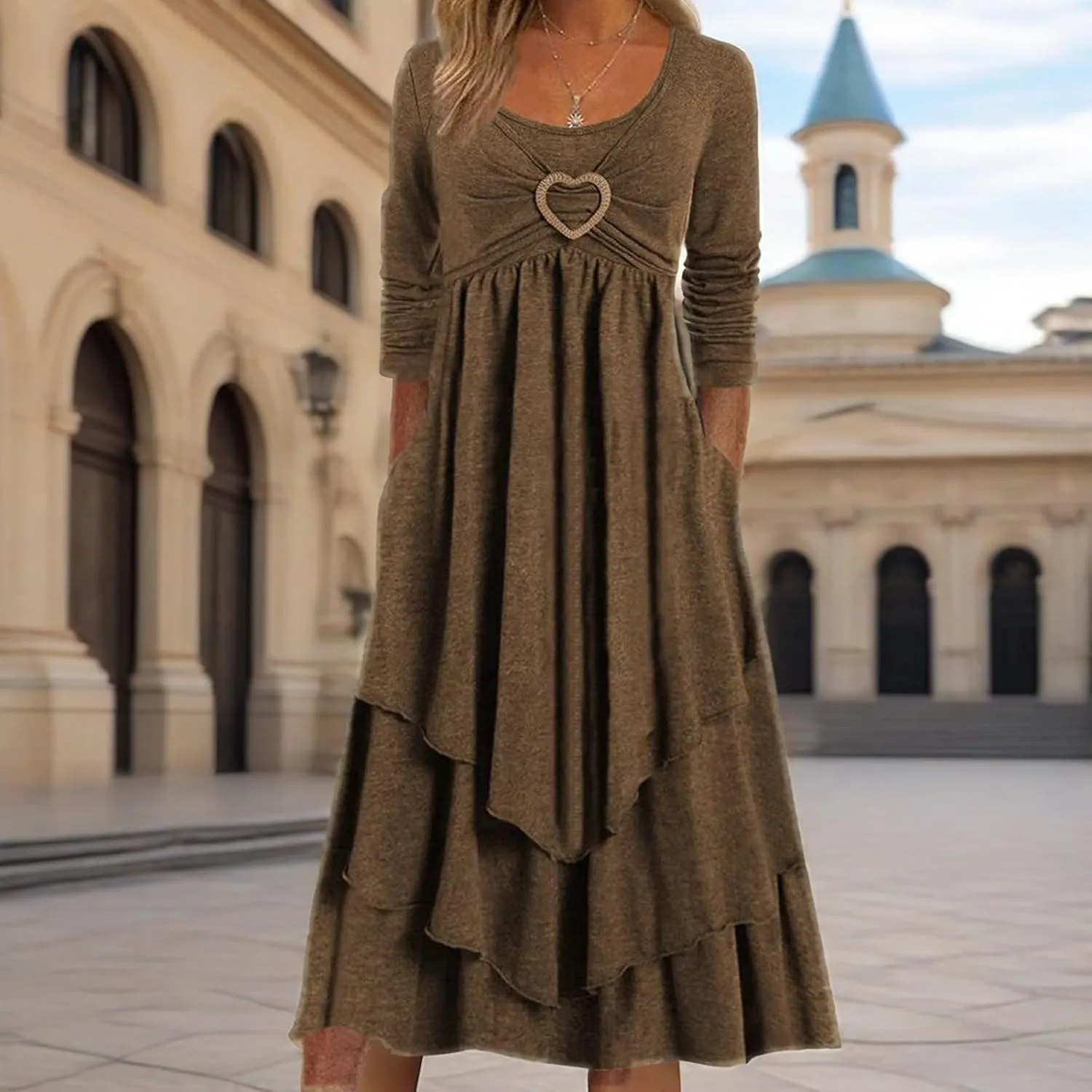 Winter Dresses for Women Wedding Guests Casual Cute Heart Long Sleeve Tiered Maxi Dress with Pockets Plus Size