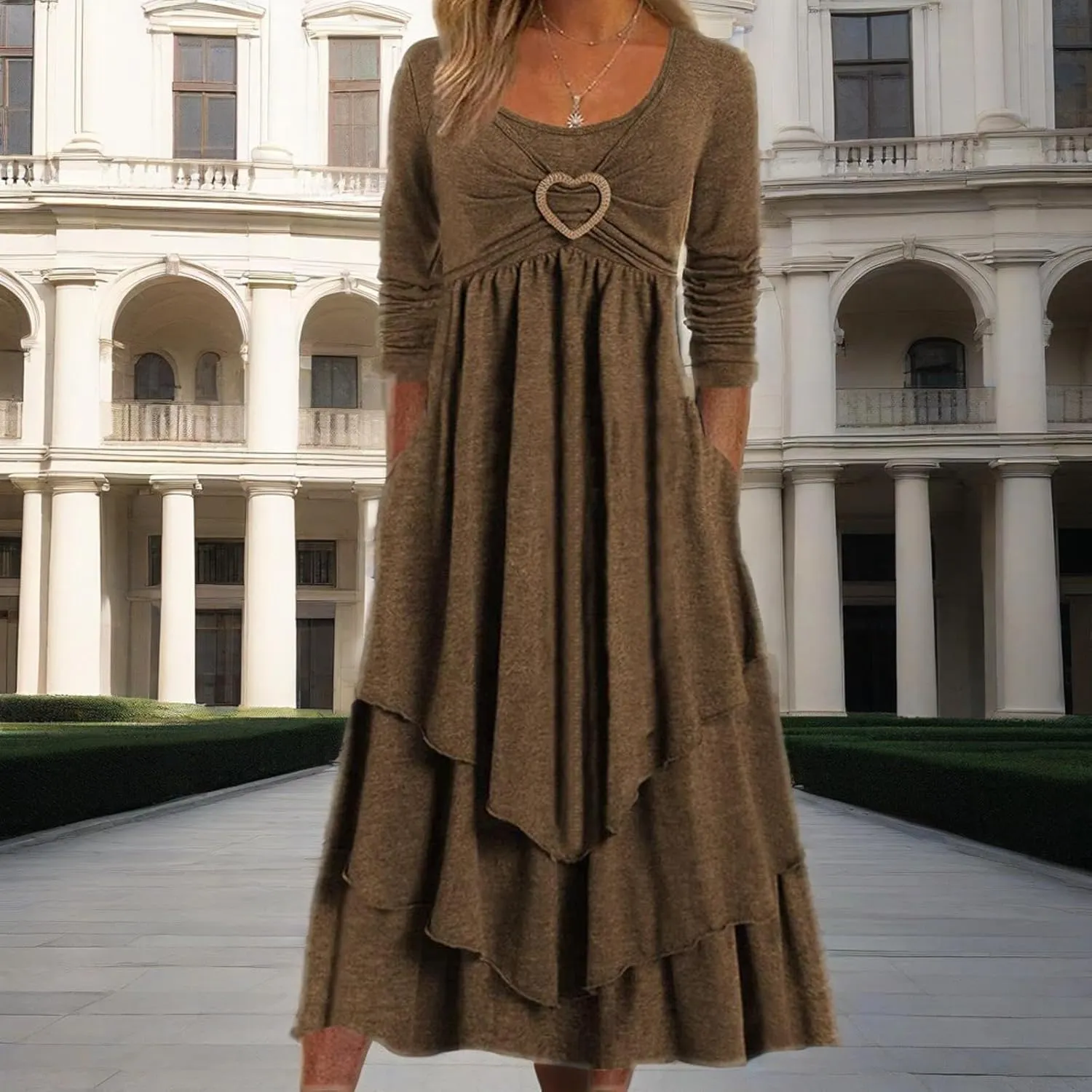 Winter Dresses for Women Wedding Guests Casual Cute Heart Long Sleeve Tiered Maxi Dress with Pockets Plus Size