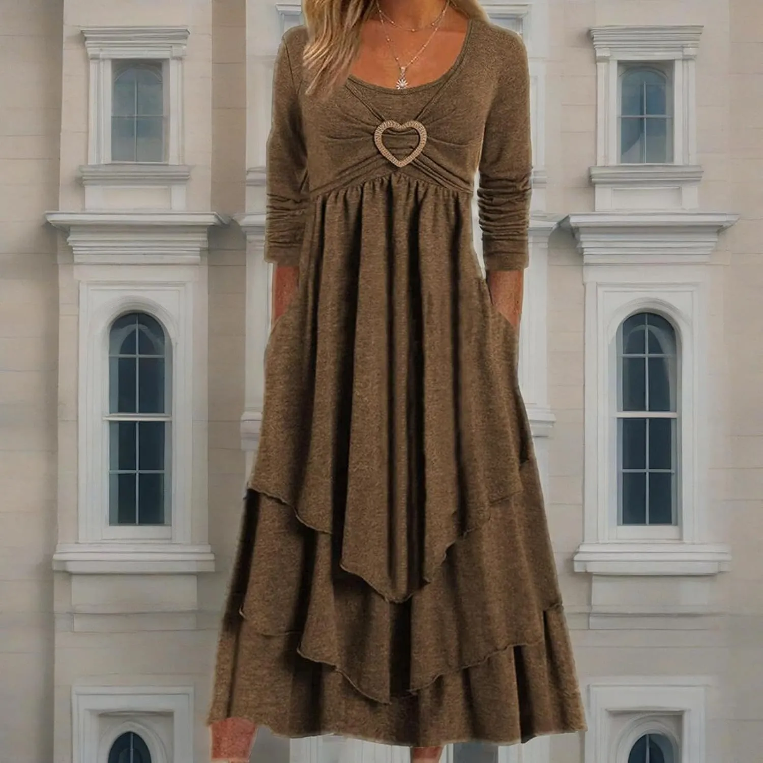 Winter Dresses for Women Wedding Guests Casual Cute Heart Long Sleeve Tiered Maxi Dress with Pockets Plus Size