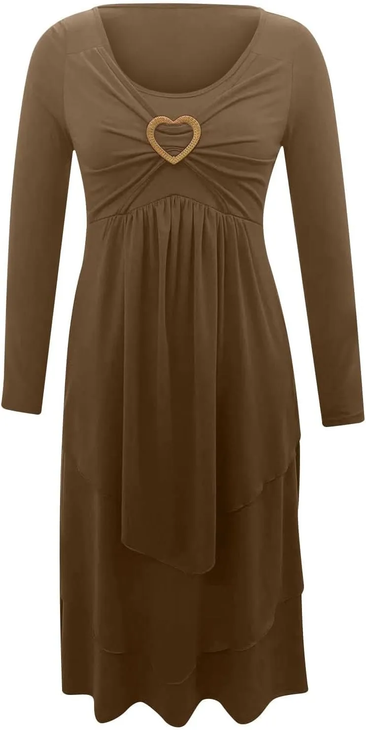 Winter Dresses for Women Wedding Guests Casual Cute Heart Long Sleeve Tiered Maxi Dress with Pockets Plus Size