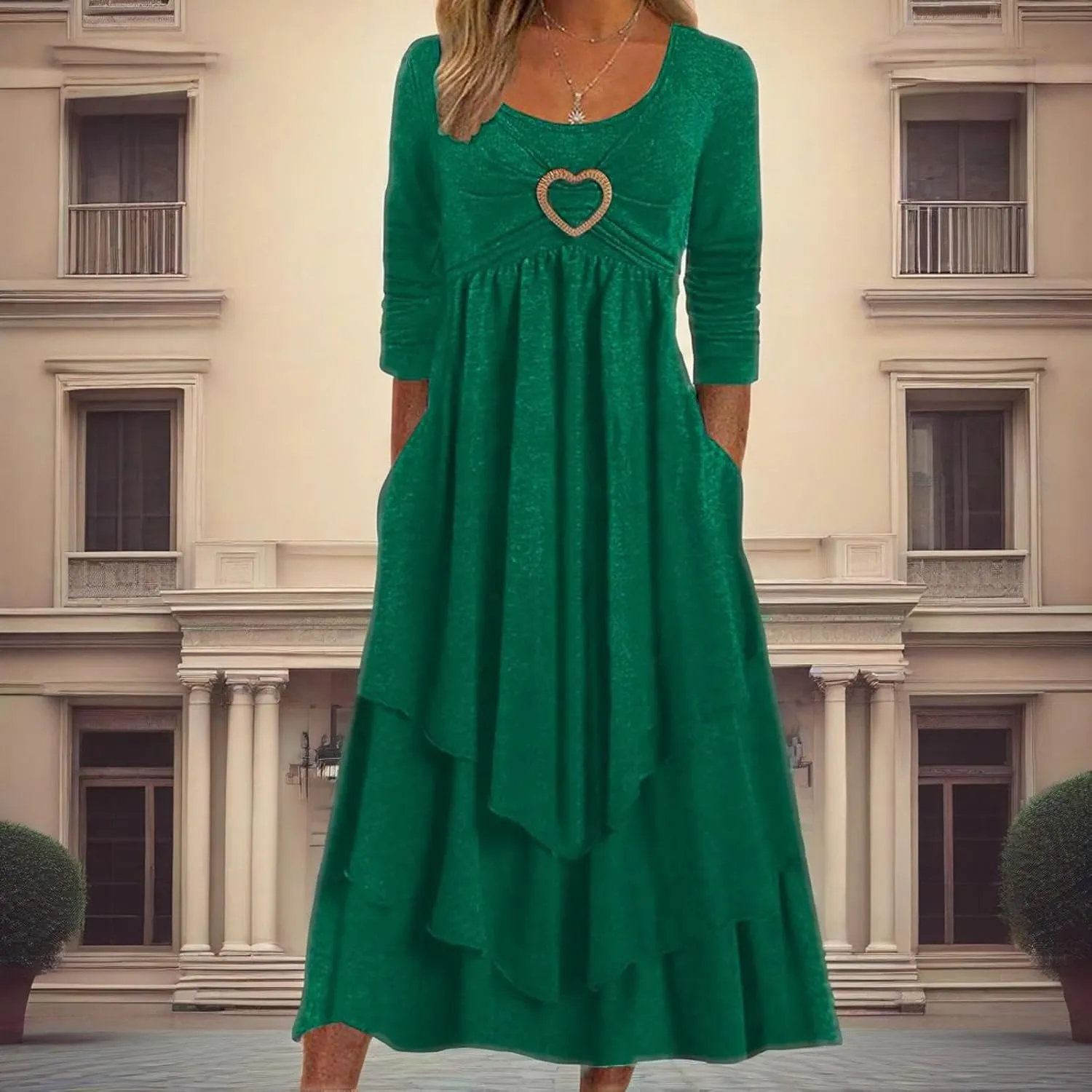 Winter Dresses for Women Wedding Guests Casual Cute Heart Long Sleeve Tiered Maxi Dress with Pockets Plus Size
