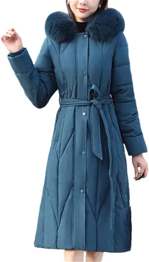 Winter Hooded Down Cotton Coat Womens Long Warm Padded Parkas With Belt Thick Warm Cotton-Padded Overcoat