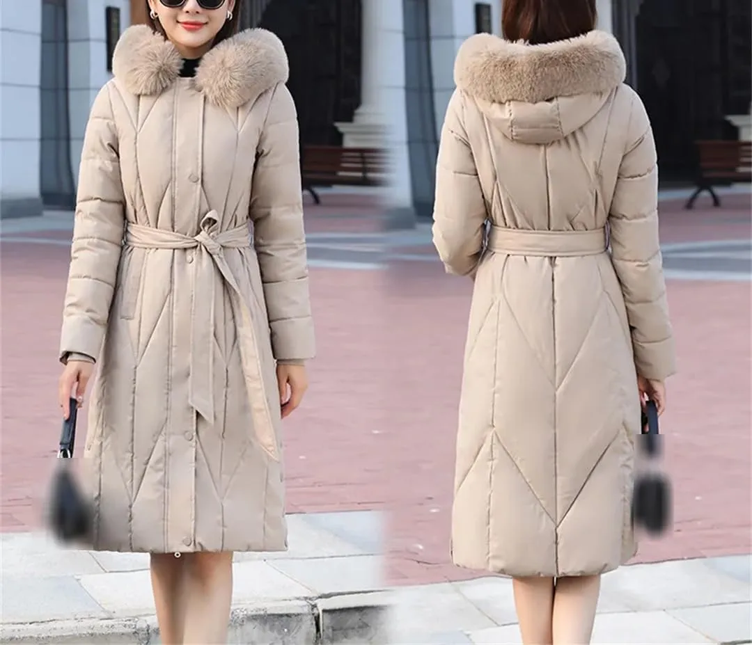 Winter Hooded Down Cotton Coat Womens Long Warm Padded Parkas With Belt Thick Warm Cotton-Padded Overcoat