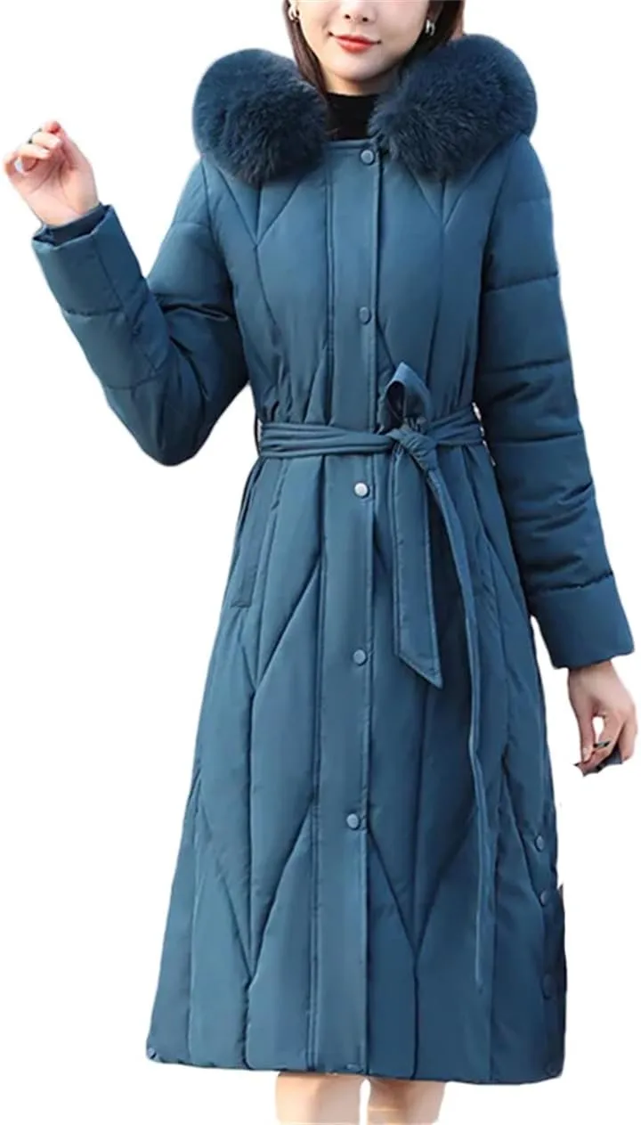 Winter Hooded Down Cotton Coat Womens Long Warm Padded Parkas With Belt Thick Warm Cotton-Padded Overcoat
