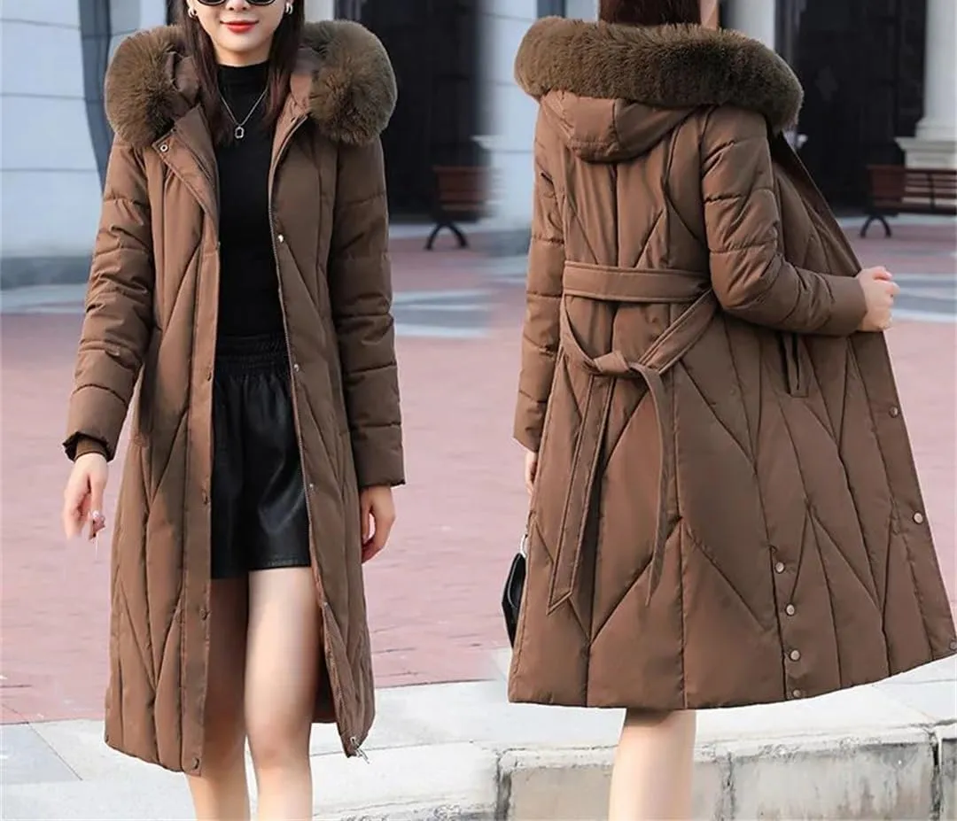 Winter Hooded Down Cotton Coat Womens Long Warm Padded Parkas With Belt Thick Warm Cotton-Padded Overcoat