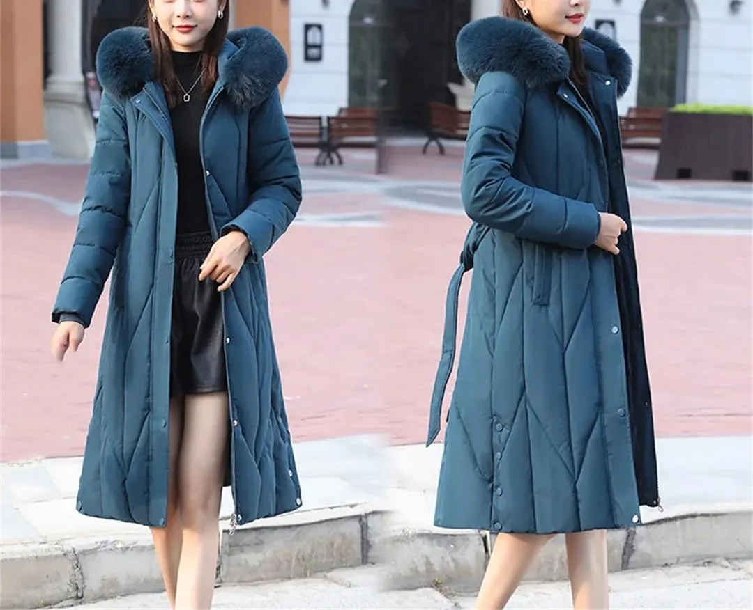 Winter Hooded Down Cotton Coat Womens Long Warm Padded Parkas With Belt Thick Warm Cotton-Padded Overcoat