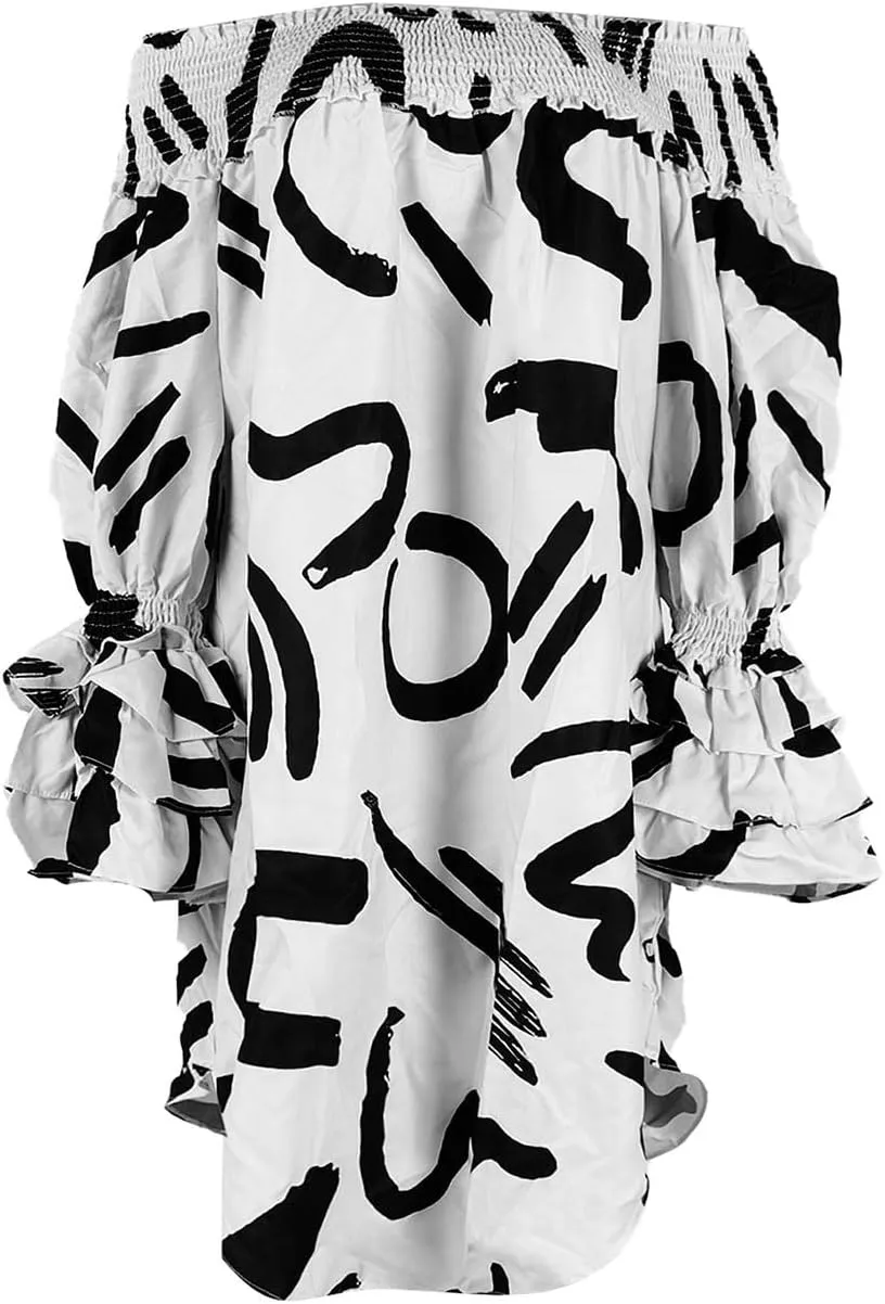 WOKANSE Women's Casual Plus Size Shirred Dresses Off Shoulder Bell Sleeves Ruffle Loose Stretchy Neck Midi Dress