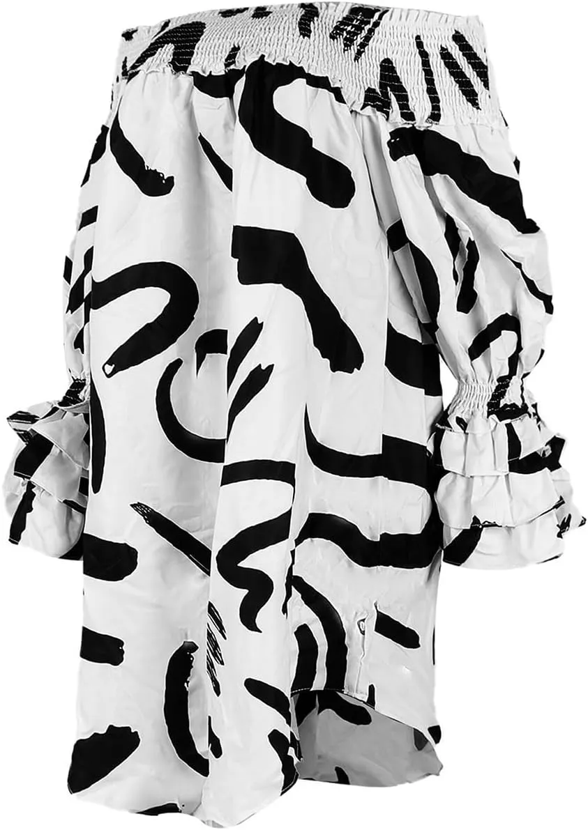 WOKANSE Women's Casual Plus Size Shirred Dresses Off Shoulder Bell Sleeves Ruffle Loose Stretchy Neck Midi Dress