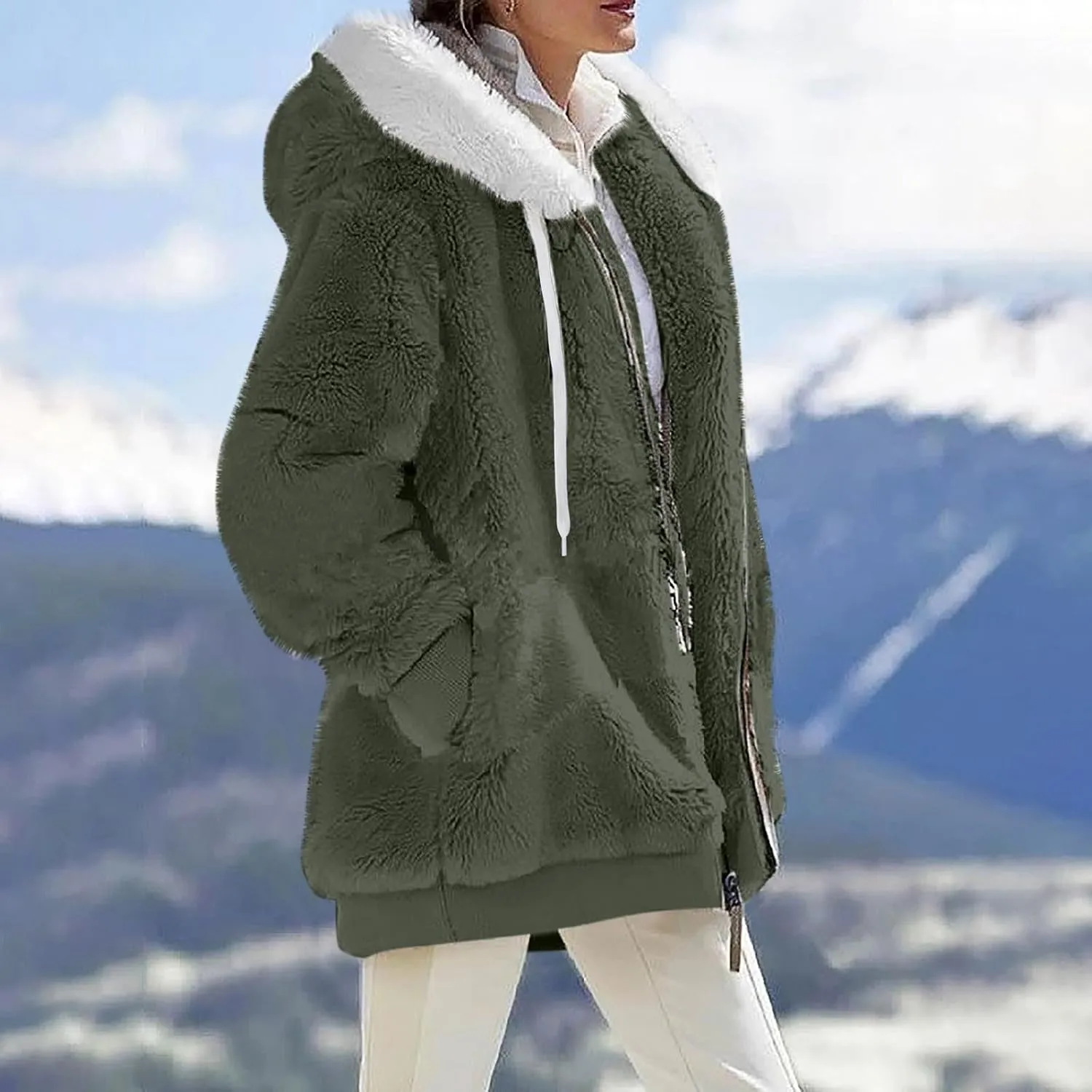 Women 2023 Winter Fuzzy Fleece Coat Plus Size Plush Fluffy Sweatshirt Hoodie with Pockets Parka Loose Blazer Hooded