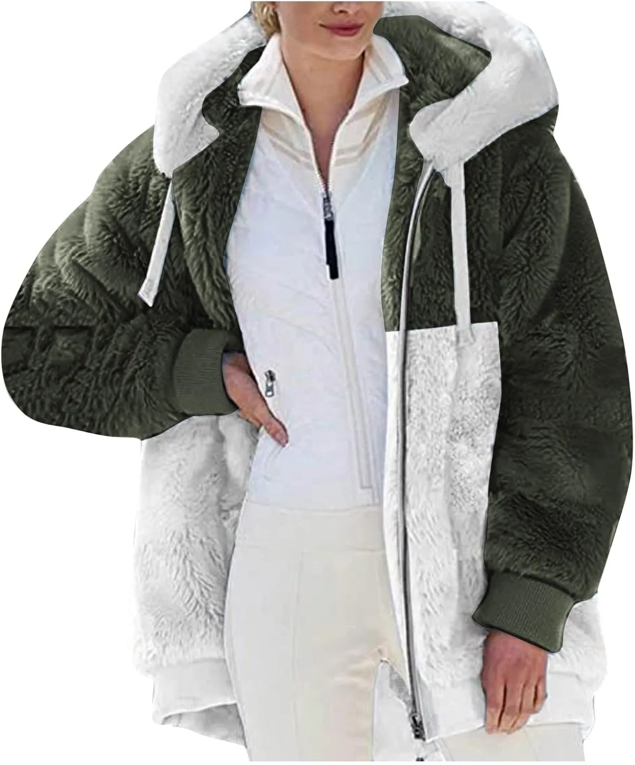 Women 2023 Winter Fuzzy Fleece Coat Plus Size Plush Fluffy Sweatshirt Hoodie with Pockets Parka Loose Blazer Hooded