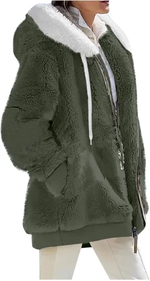 Women 2023 Winter Fuzzy Fleece Coat Plus Size Plush Fluffy Sweatshirt Hoodie with Pockets Parka Loose Blazer Hooded