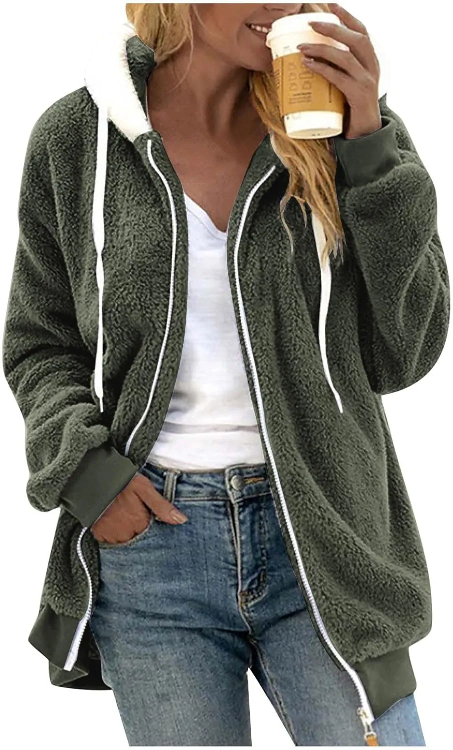 Women 2023 Winter Fuzzy Fleece Coat Plus Size Plush Fluffy Sweatshirt Hoodie with Pockets Parka Loose Blazer Hooded