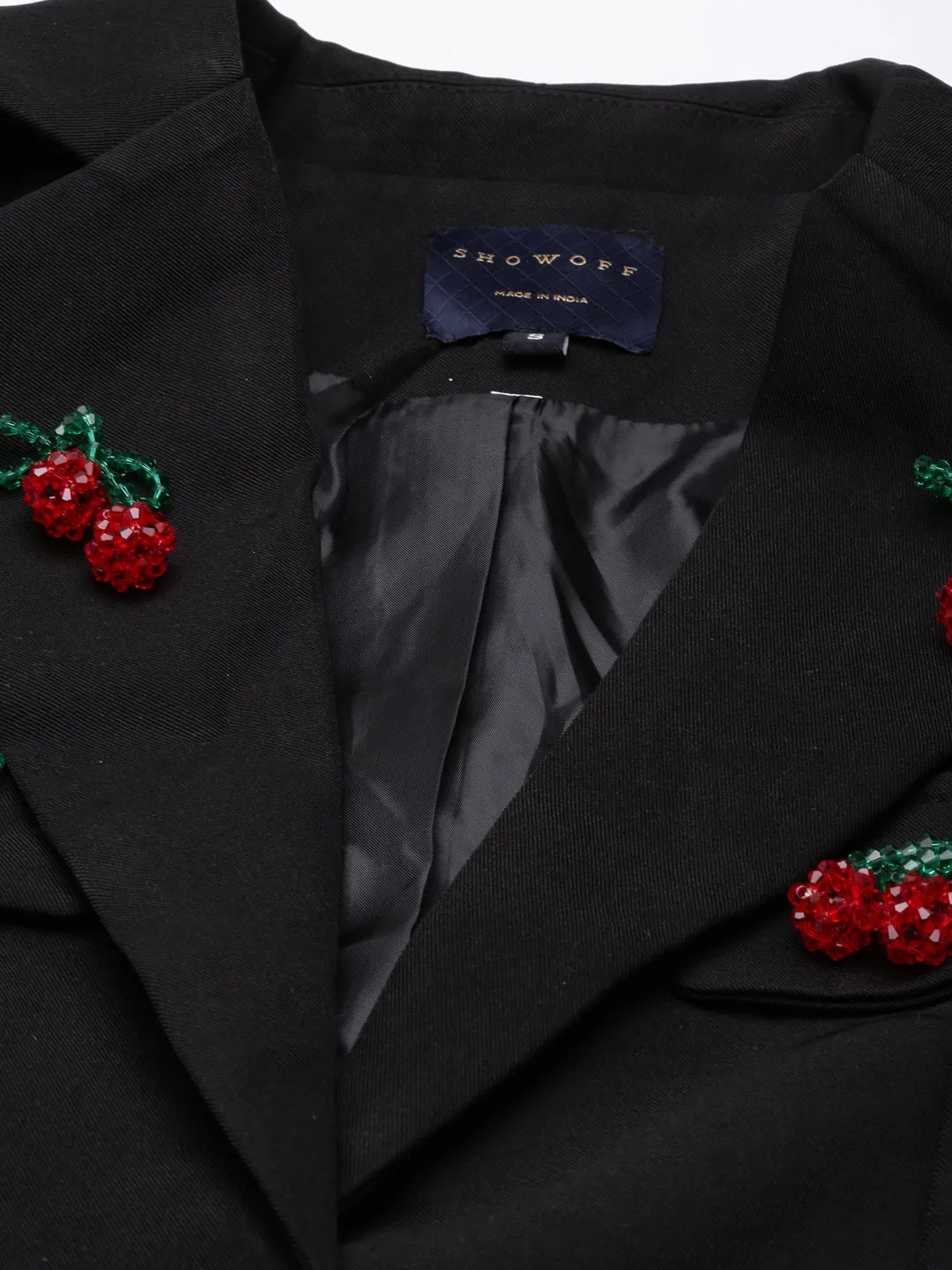 Women Black Lapel Long Sleeves Single Breasted Cotton Blazer