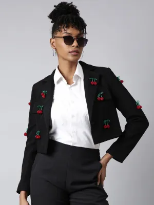 Women Black Lapel Long Sleeves Single Breasted Cotton Blazer