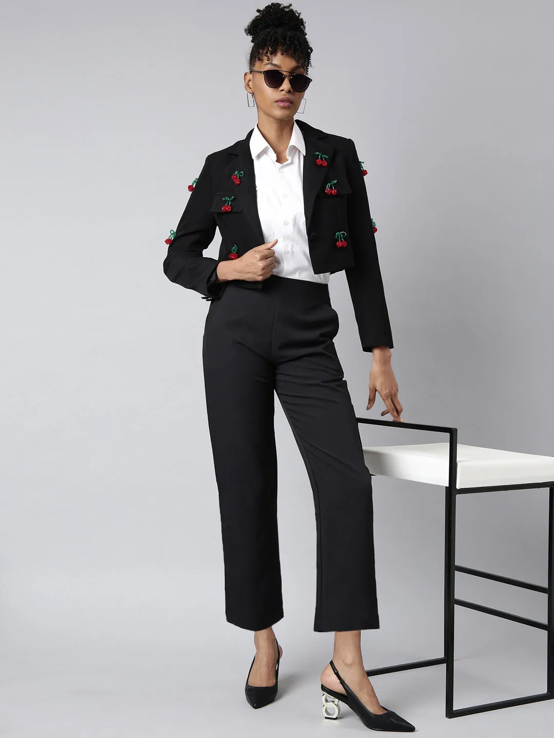 Women Black Lapel Long Sleeves Single Breasted Cotton Blazer