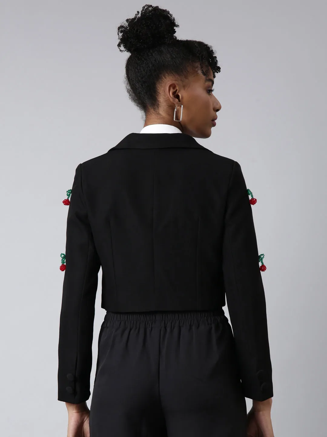 Women Black Lapel Long Sleeves Single Breasted Cotton Blazer