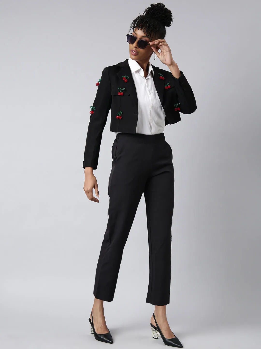Women Black Lapel Long Sleeves Single Breasted Cotton Blazer