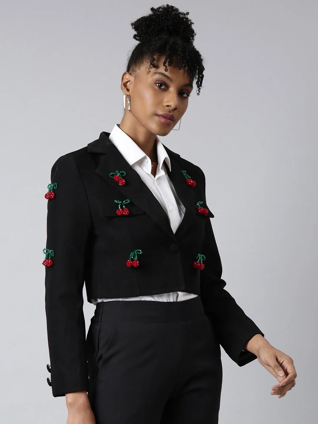 Women Black Lapel Long Sleeves Single Breasted Cotton Blazer