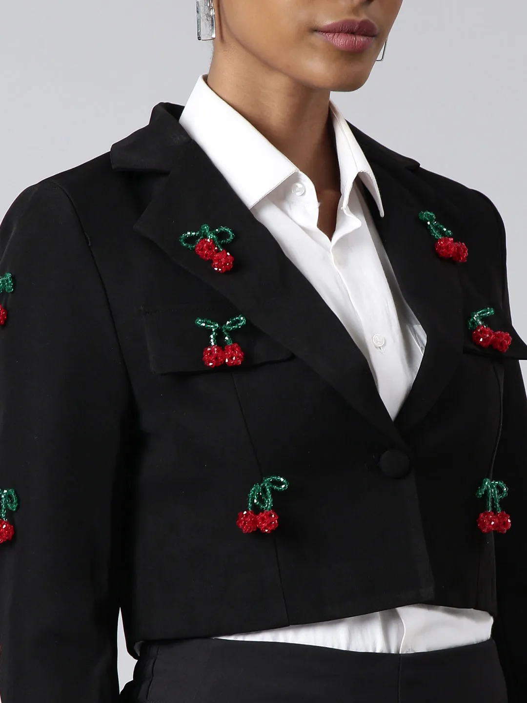 Women Black Lapel Long Sleeves Single Breasted Cotton Blazer