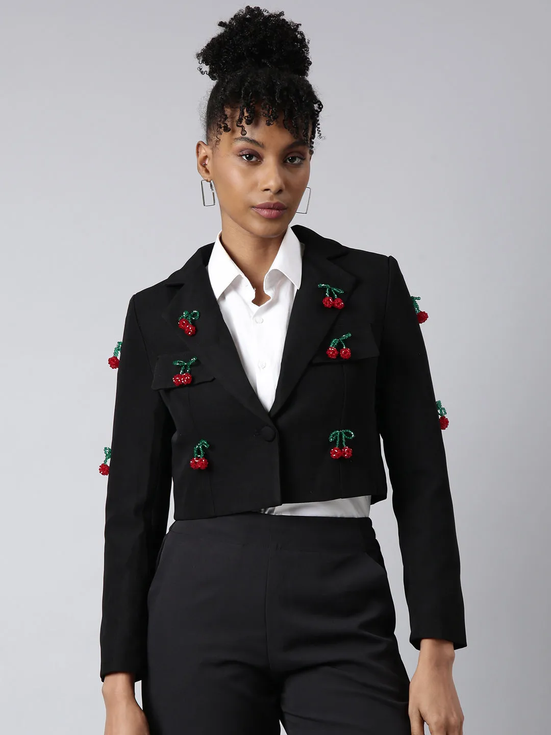 Women Black Lapel Long Sleeves Single Breasted Cotton Blazer