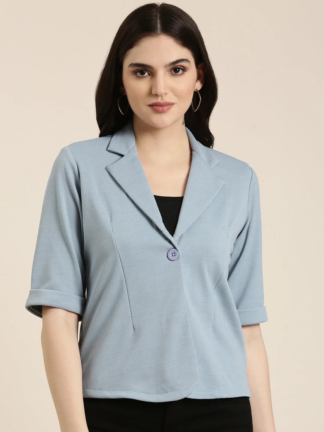 Women Blue Notched Lapel Single-Breasted Blazer