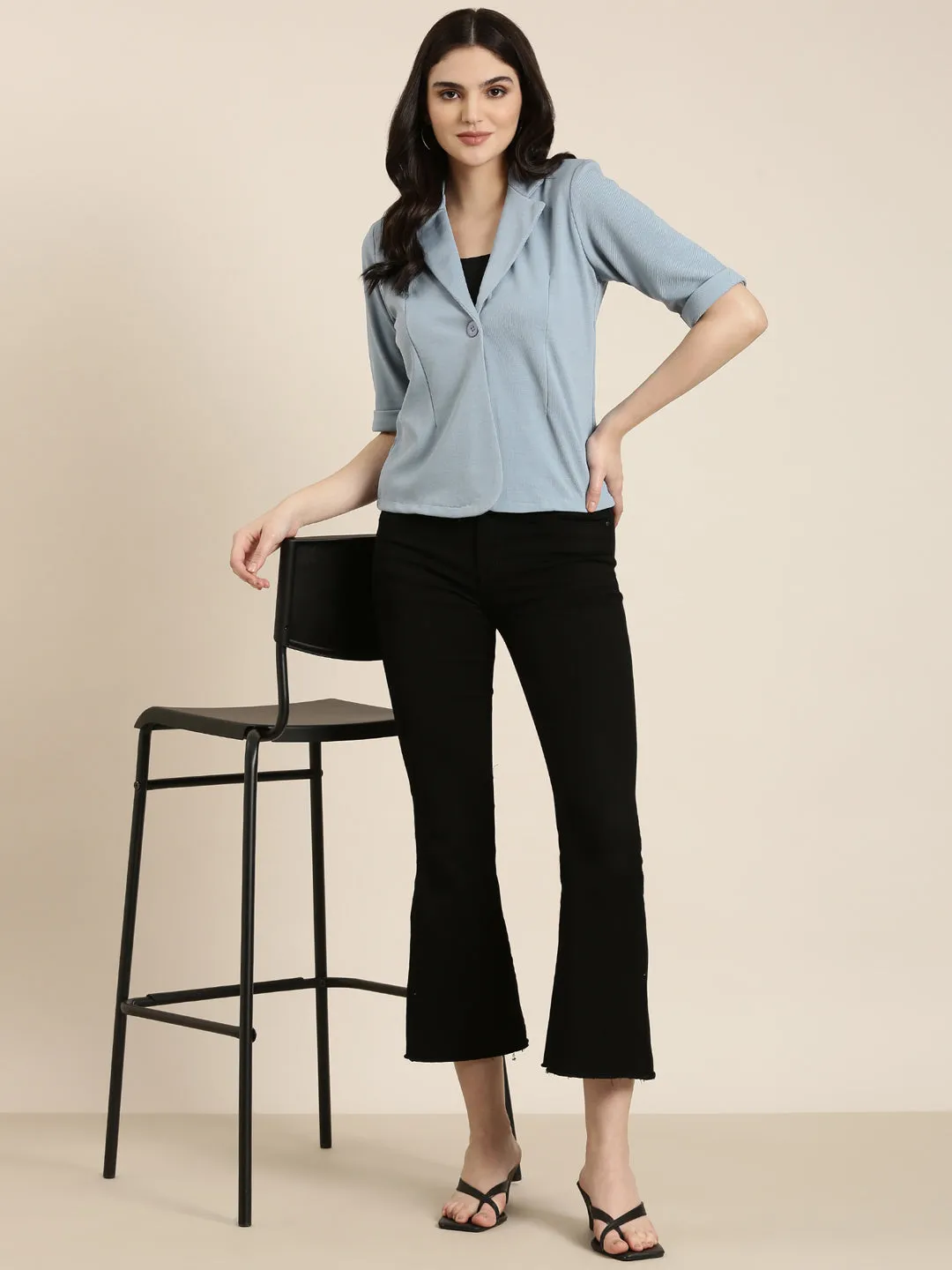 Women Blue Notched Lapel Single-Breasted Blazer