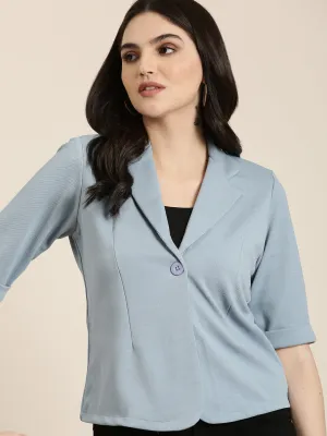 Women Blue Notched Lapel Single-Breasted Blazer