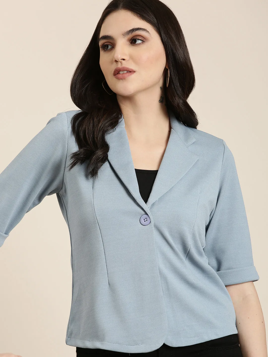 Women Blue Notched Lapel Single-Breasted Blazer