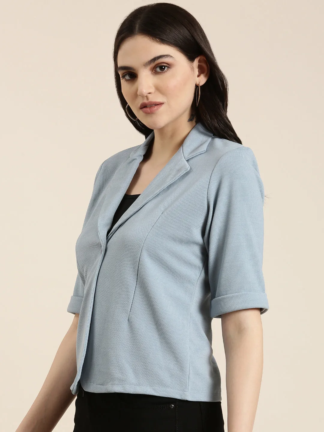 Women Blue Notched Lapel Single-Breasted Blazer
