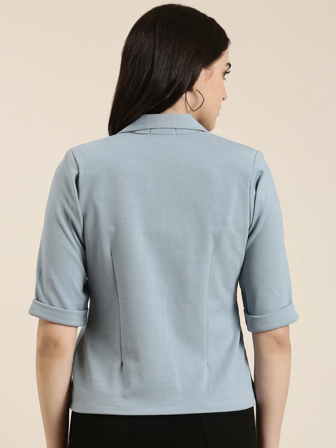 Women Blue Notched Lapel Single-Breasted Blazer
